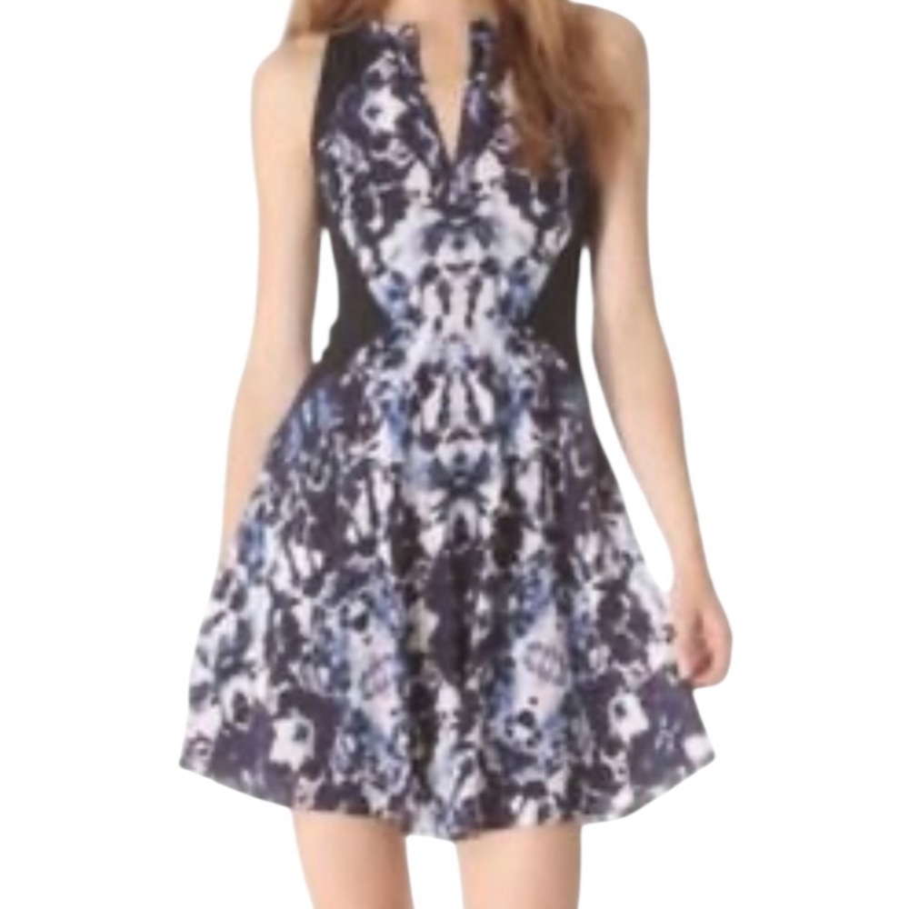 Rebecca Taylor Navy Blue/Cream/Blue Abstract Watercolor Print Aline Mini Dress 4